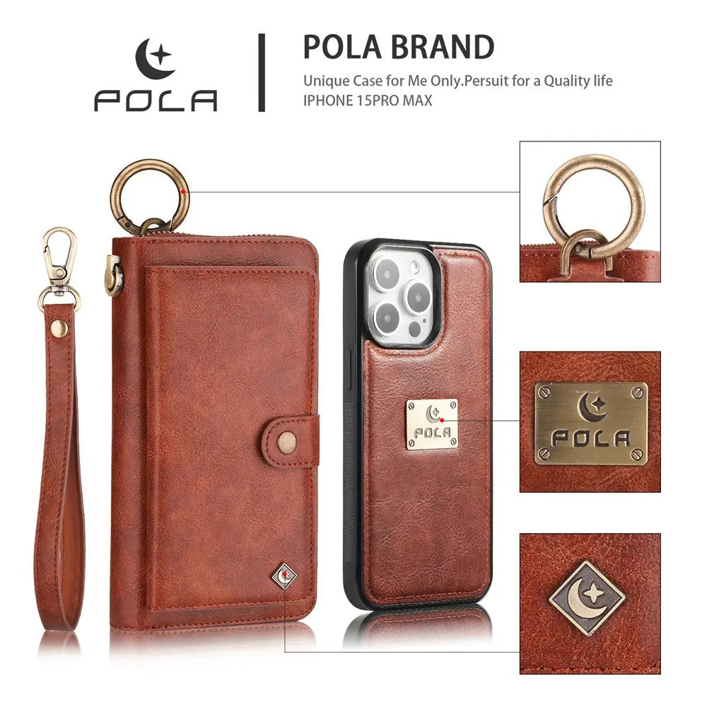 Luxury iPhone Case — Zipper Leather Wallet Cover with Card Slots, Ring Holder and Wristband Purse Design