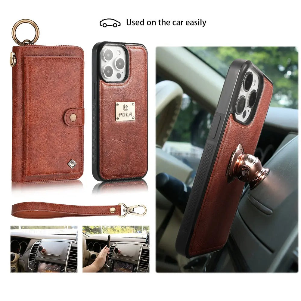 Luxury iPhone Case — Zipper Leather Wallet Cover with Card Slots, Ring Holder and Wristband Purse Design