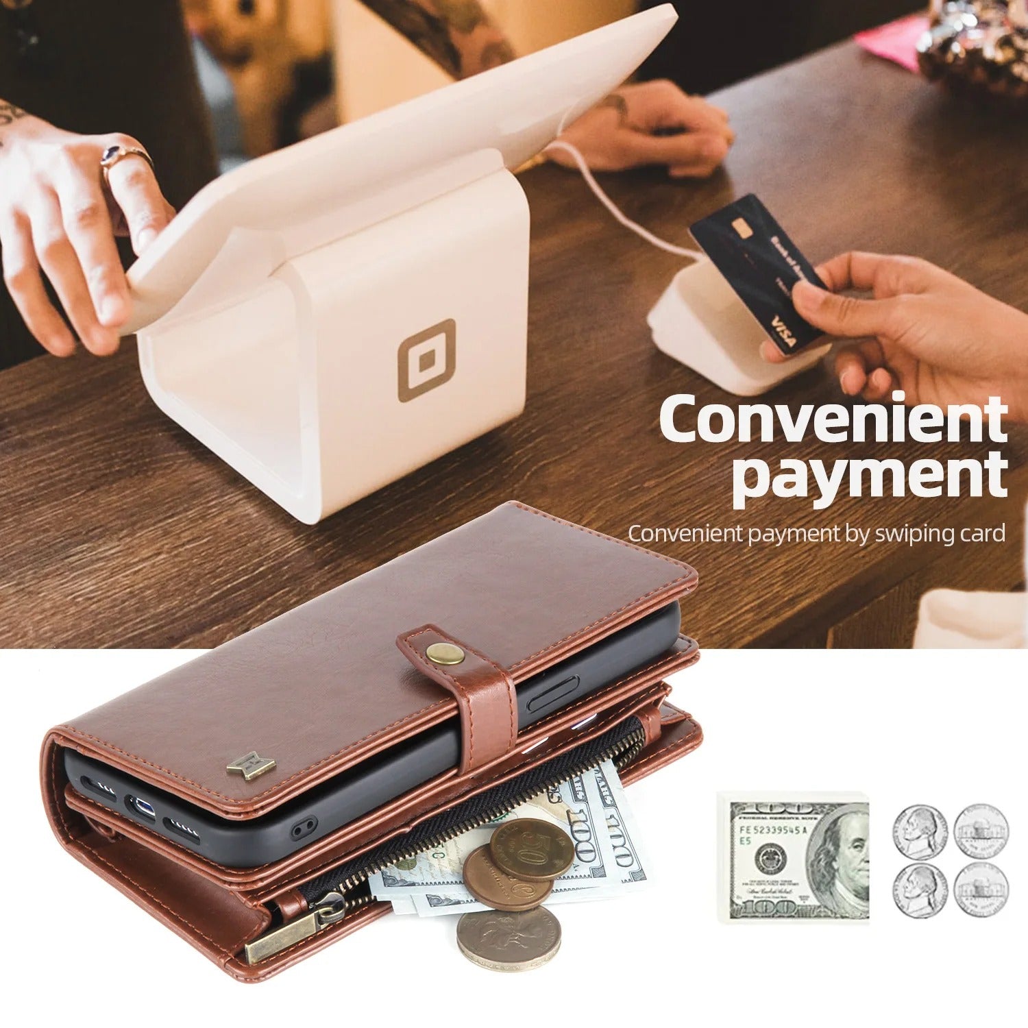 Luxury iPhone Case — 2-in-1 Detachable Magnetic Flip Leather Wallet with Zipper Purse, Dual-Layer Protection and Anti-Fingerprint Design