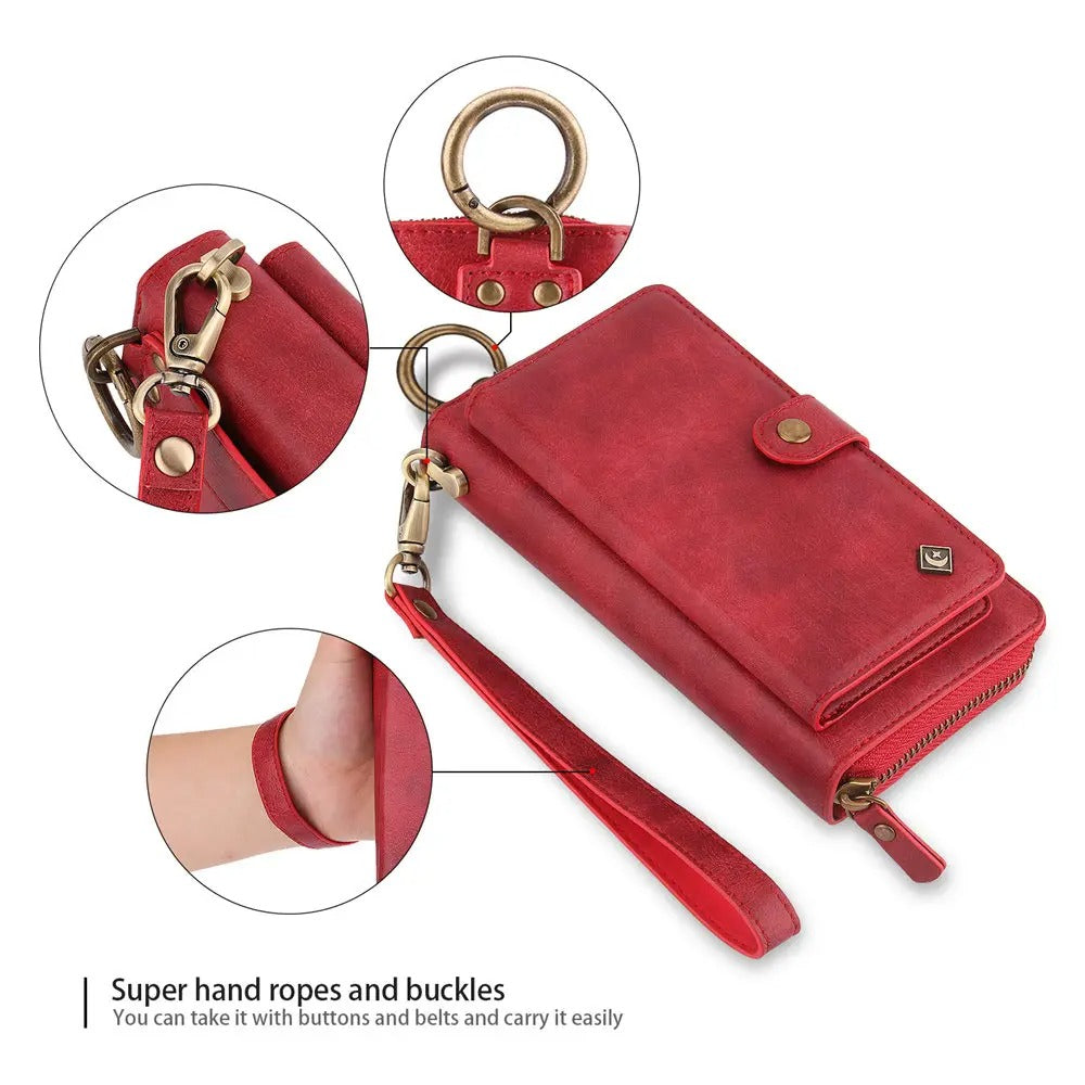Luxury iPhone Case — Zipper Leather Wallet Cover with Card Slots, Ring Holder and Wristband Purse Design