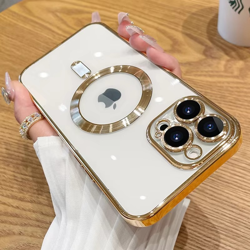 Luxury iPhone Clear Plating Magnetic Case — MagSafe Wireless Charging Compatible Cover with Lens Protection, Slim Transparent Shockproof Anti-Fingerprint Design