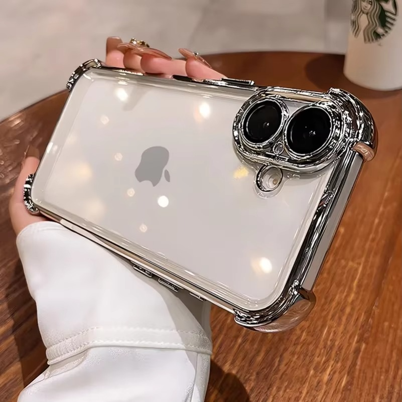 Luxury iPhone Clear Soft Case with Camera Protector — Plating Airbag Design, Shockproof Transparent Cover, Anti-Fingerprint Scratch-Resistant Non-Slip Finish