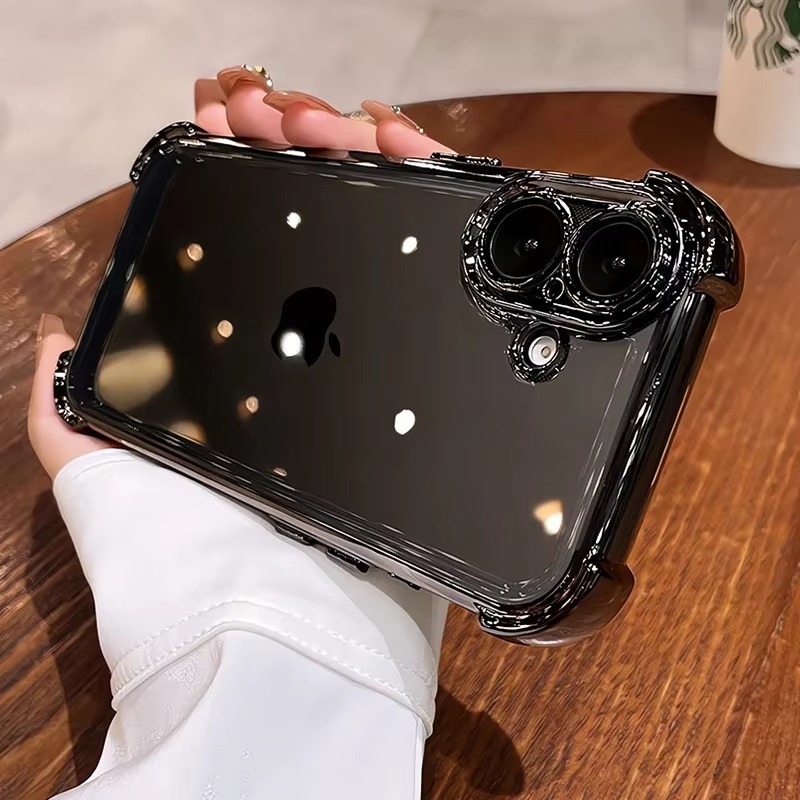 Luxury iPhone Clear Soft Case with Camera Protector — Plating Airbag Design, Shockproof Transparent Cover, Anti-Fingerprint Scratch-Resistant Non-Slip Finish