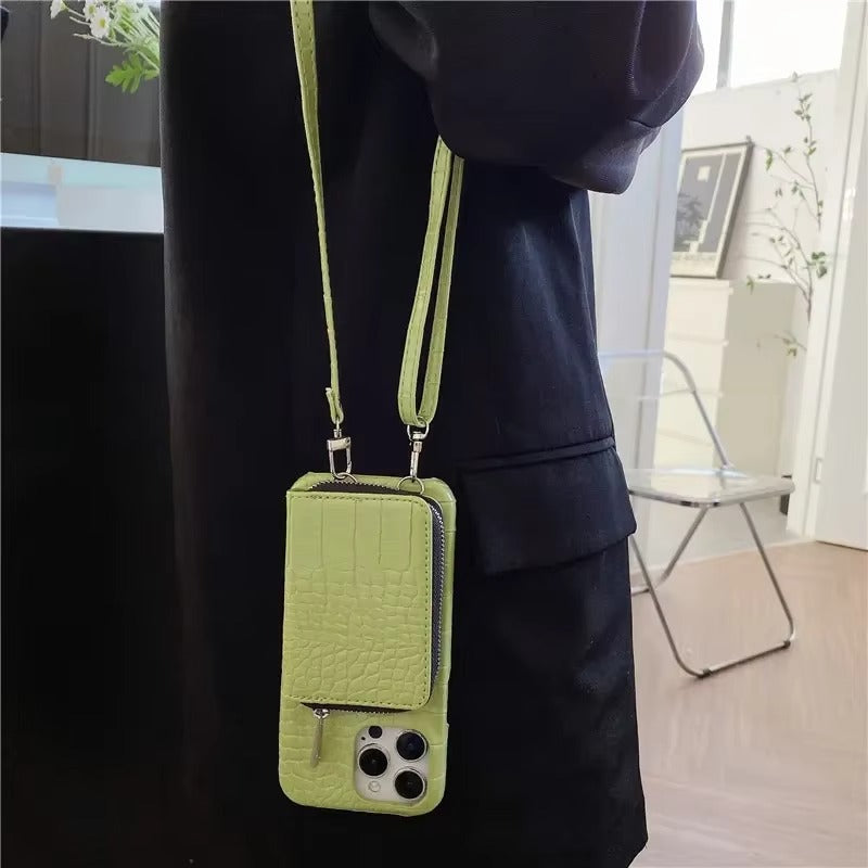 Luxury iPhone Crossbody Wallet Case Crocodile Texture — PU Leather Zipper Cover with Card Holder, Adjustable Strap, Shockproof Anti-Fingerprint Protection