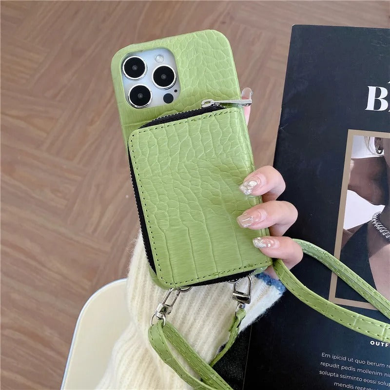 Luxury iPhone Crossbody Wallet Case Crocodile Texture — PU Leather Zipper Cover with Card Holder, Adjustable Strap, Shockproof Anti-Fingerprint Protection