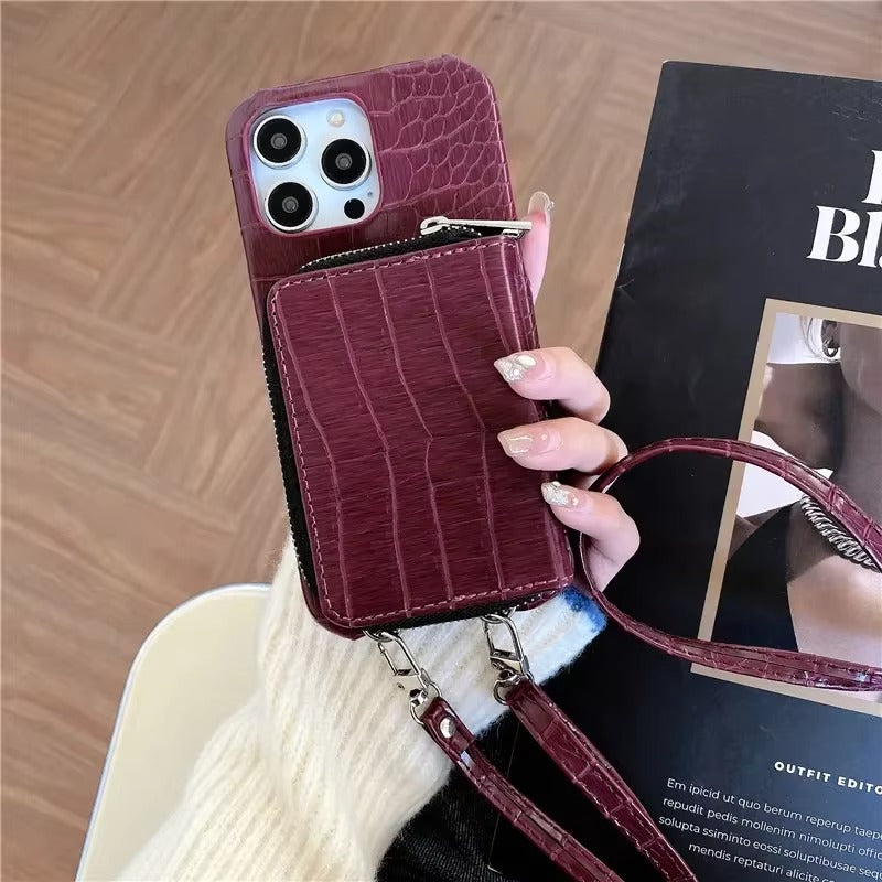 Luxury iPhone Crossbody Wallet Case Crocodile Texture — PU Leather Zipper Cover with Card Holder, Adjustable Strap, Shockproof Anti-Fingerprint Protection