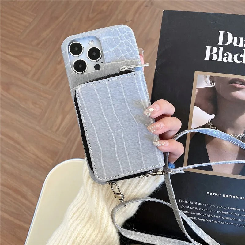 Luxury iPhone Crossbody Wallet Case Crocodile Texture — PU Leather Zipper Cover with Card Holder, Adjustable Strap, Shockproof Anti-Fingerprint Protection