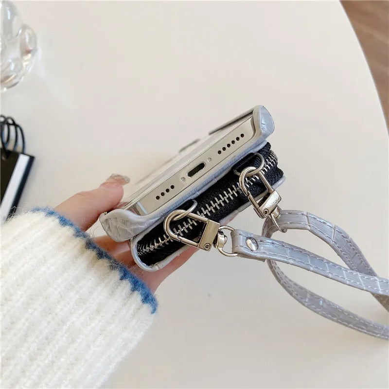 Luxury iPhone Crossbody Wallet Case Crocodile Texture — PU Leather Zipper Cover with Card Holder, Adjustable Strap, Shockproof Anti-Fingerprint Protection