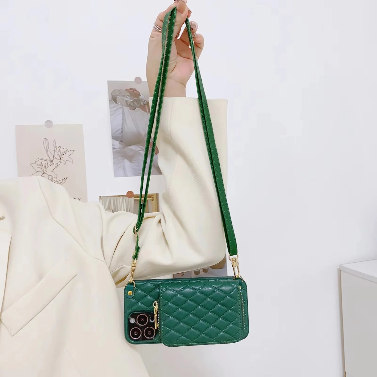 Luxury iPhone Crossbody Wallet Case with Card Slots — PU Leather Cover, Zipper Purse Design, Lanyard Strap, Kickstand Function, Dual Layer Full Protection