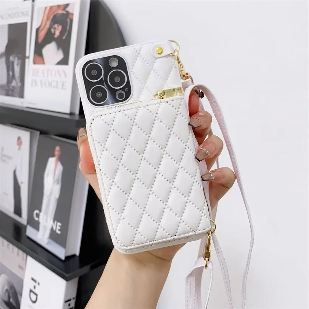 Luxury iPhone Crossbody Wallet Case with Card Slots — PU Leather Cover, Zipper Purse Design, Lanyard Strap, Kickstand Function, Dual Layer Full Protection