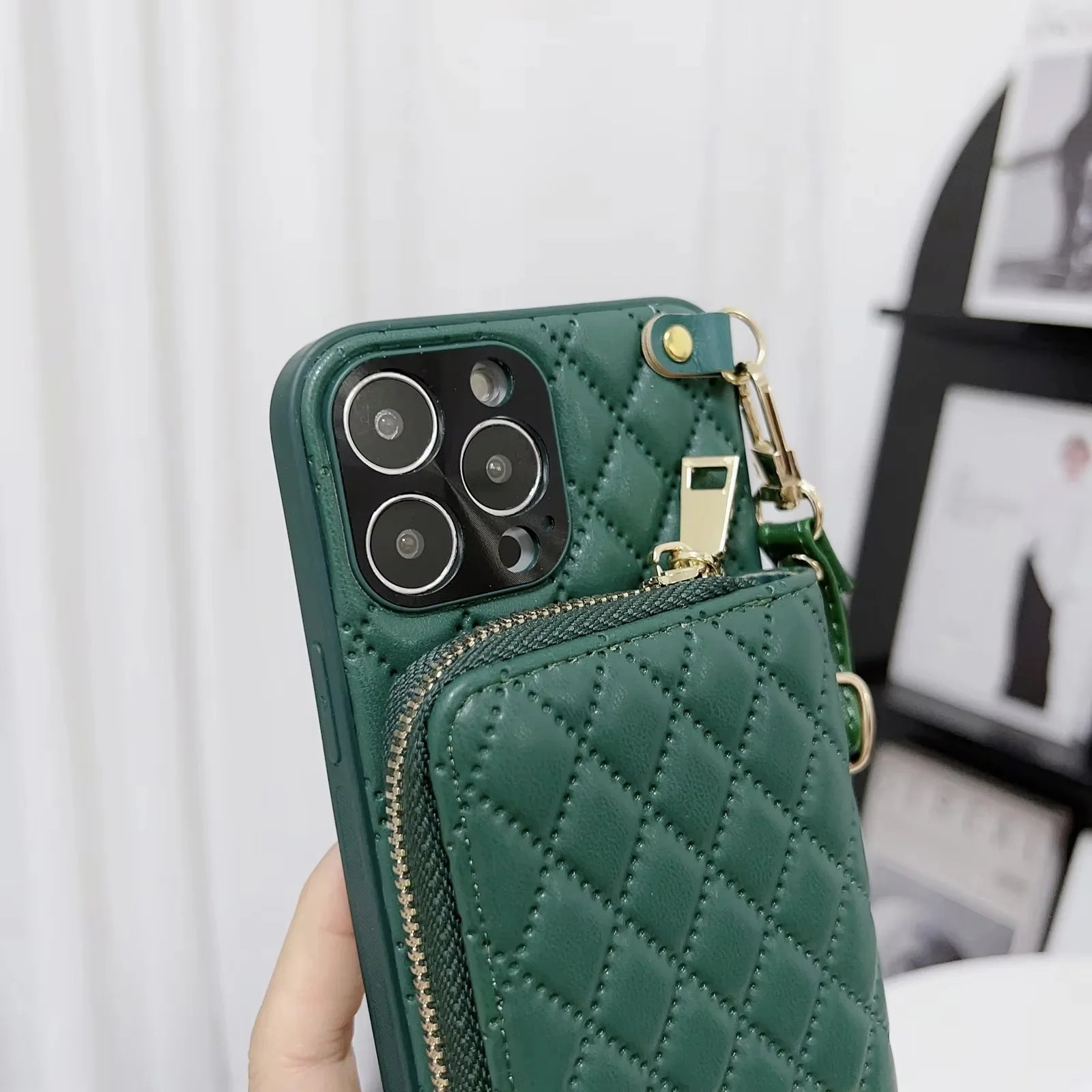 Luxury iPhone Crossbody Wallet Case with Card Slots — PU Leather Cover, Zipper Purse Design, Lanyard Strap, Kickstand Function, Dual Layer Full Protection