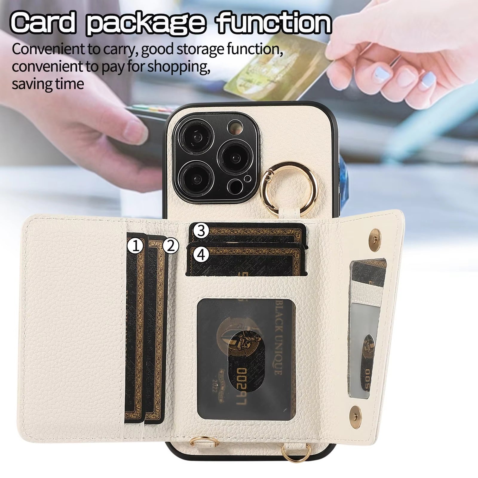 Luxury iPhone Crossbody Wallet Case with Makeup Mirror — Leather Cover, Card Pocket, Ring Holder Stand, Lanyard Strap, Shockproof Anti-Fingerprint Protection