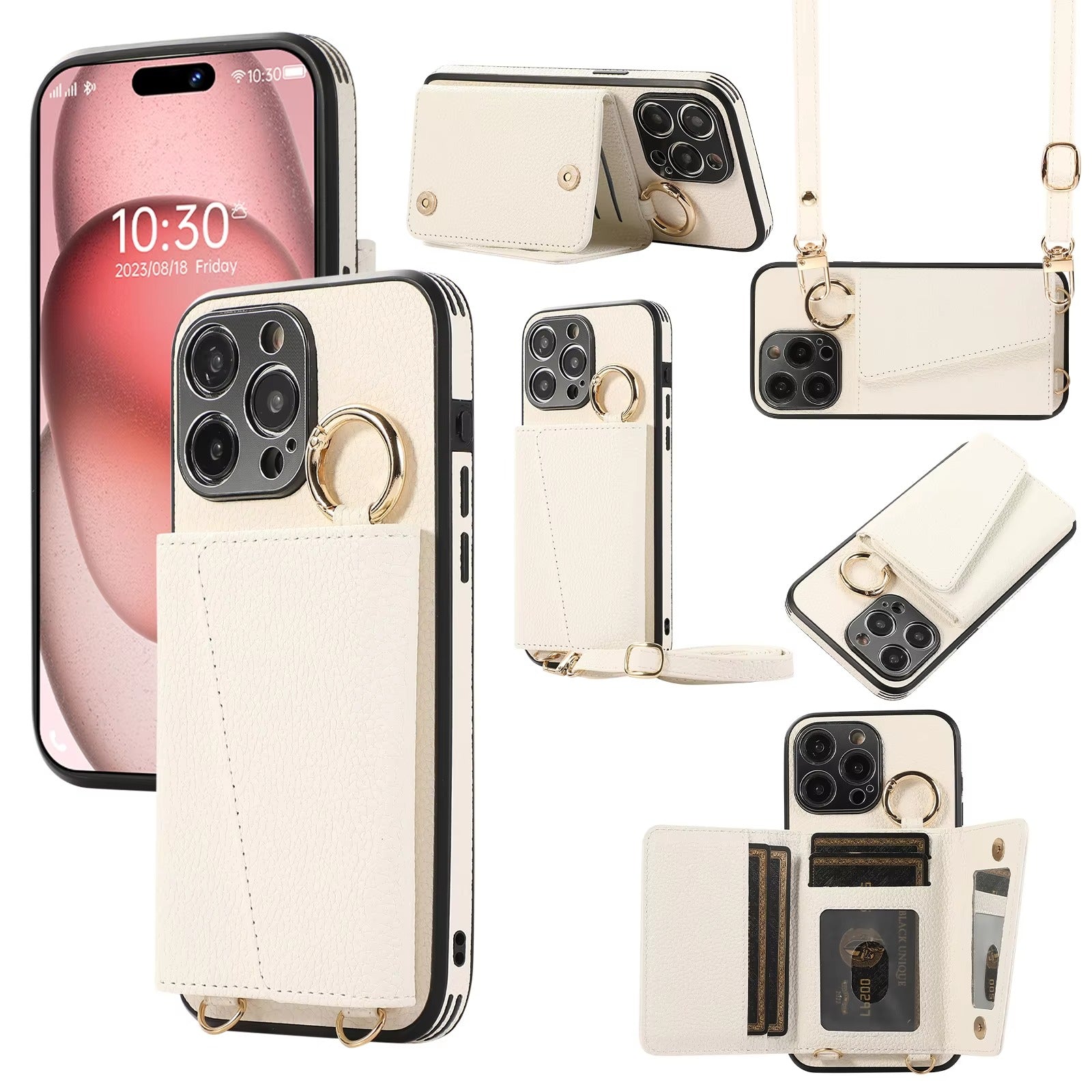 Luxury iPhone Crossbody Wallet Case with Makeup Mirror — Leather Cover, Card Pocket, Ring Holder Stand, Lanyard Strap, Shockproof Anti-Fingerprint Protection