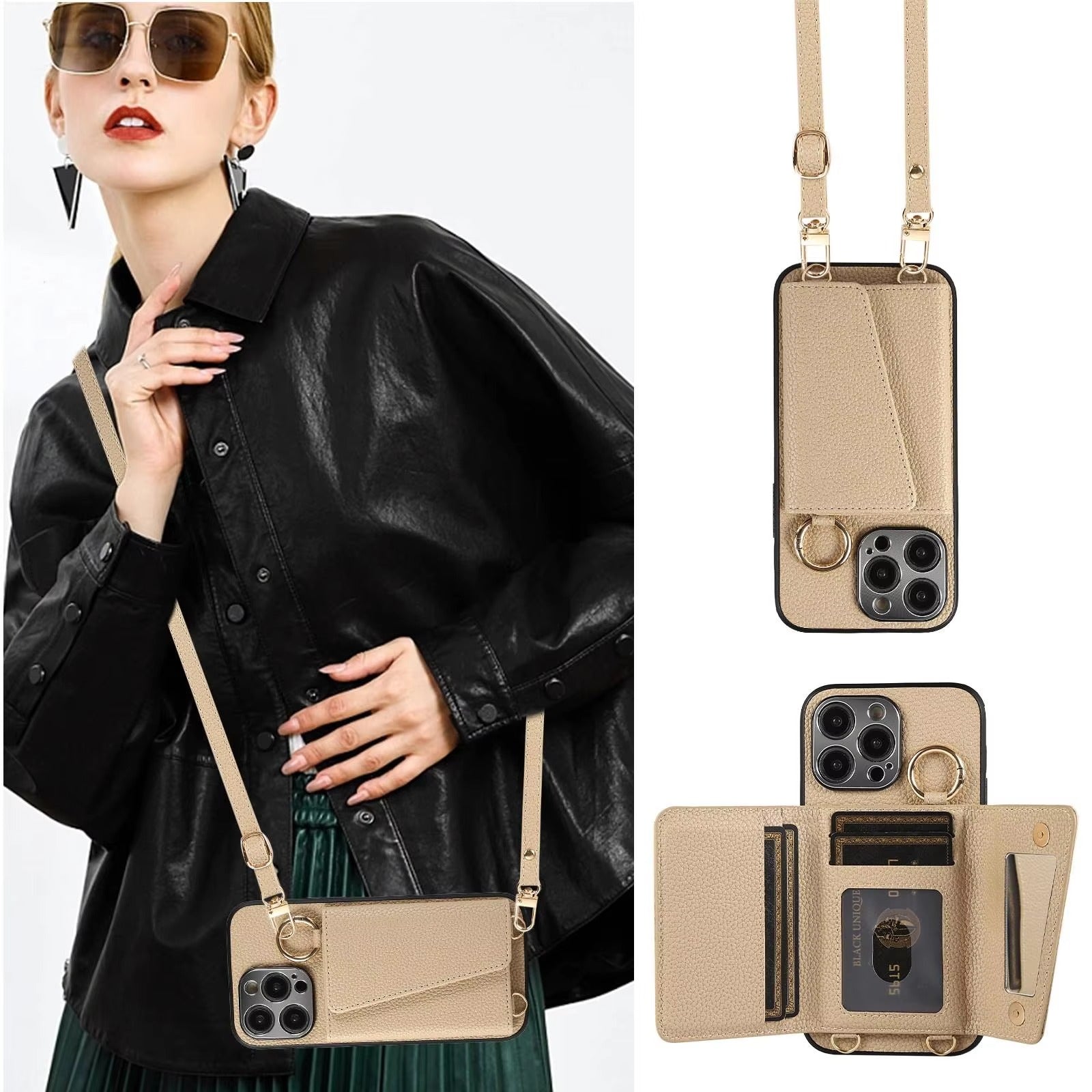 Luxury iPhone Crossbody Wallet Case with Makeup Mirror — Leather Cover, Card Pocket, Ring Holder Stand, Lanyard Strap, Shockproof Anti-Fingerprint Protection