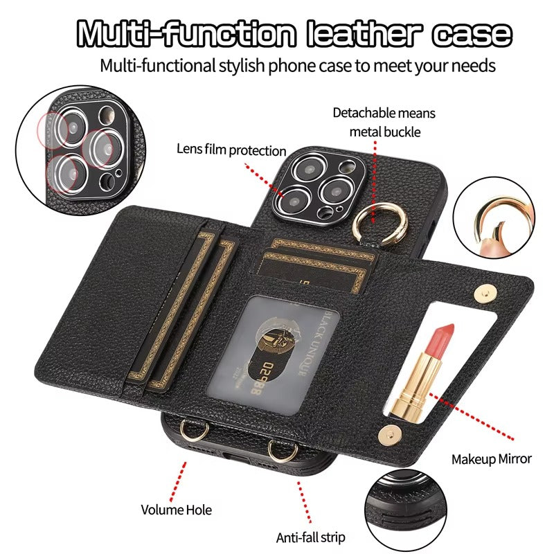 Luxury iPhone Crossbody Wallet Case with Makeup Mirror — Leather Cover, Card Pocket, Ring Holder Stand, Lanyard Strap, Shockproof Anti-Fingerprint Protection