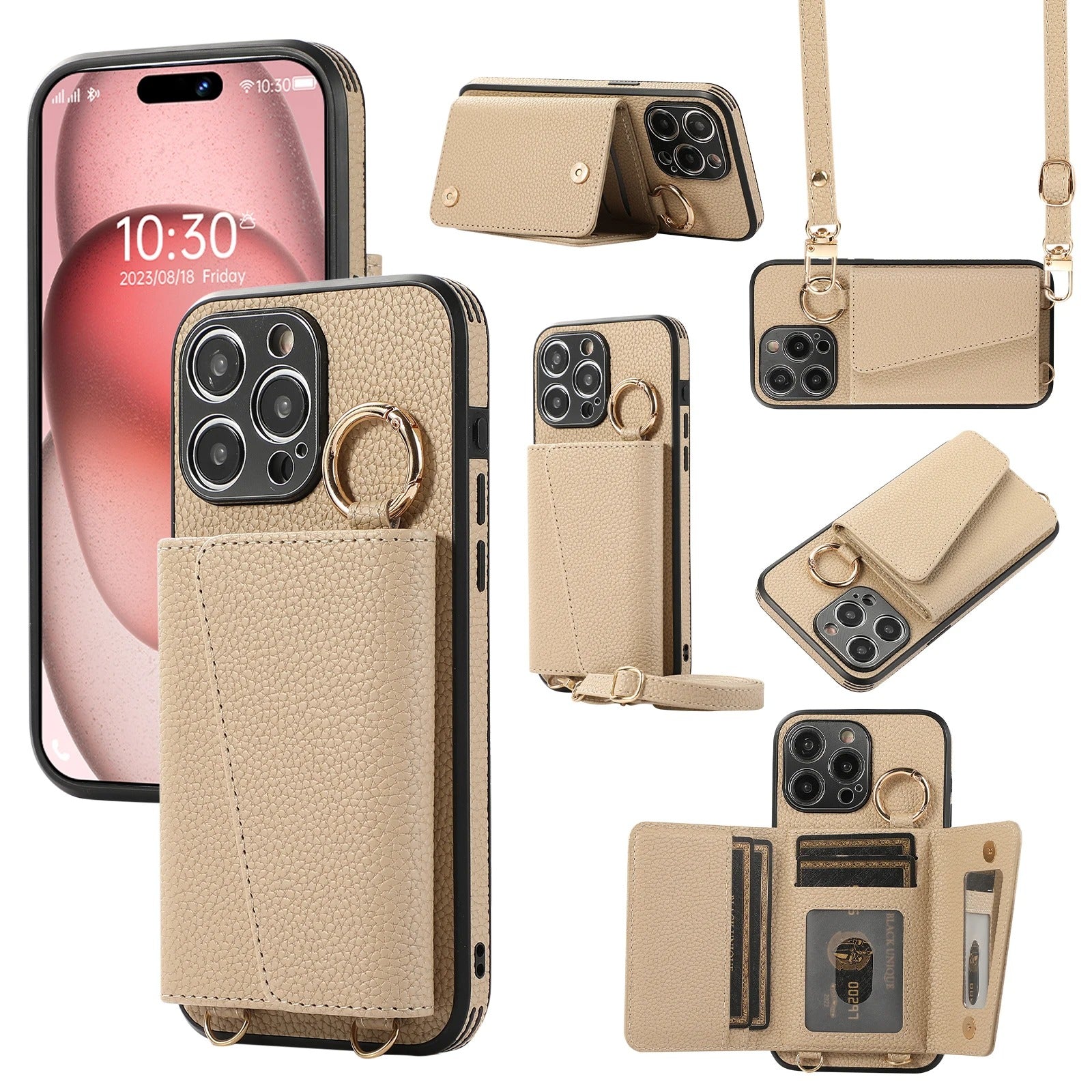 Luxury iPhone Crossbody Wallet Case with Makeup Mirror — Leather Cover, Card Pocket, Ring Holder Stand, Lanyard Strap, Shockproof Anti-Fingerprint Protection