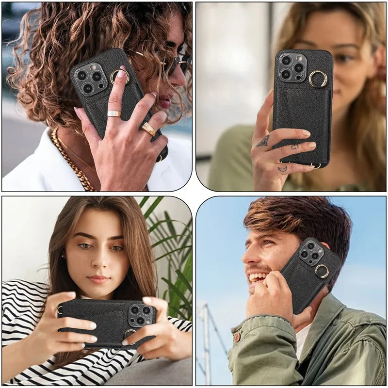 Luxury iPhone Crossbody Wallet Case with Makeup Mirror — Leather Cover, Card Pocket, Ring Holder Stand, Lanyard Strap, Shockproof Anti-Fingerprint Protection