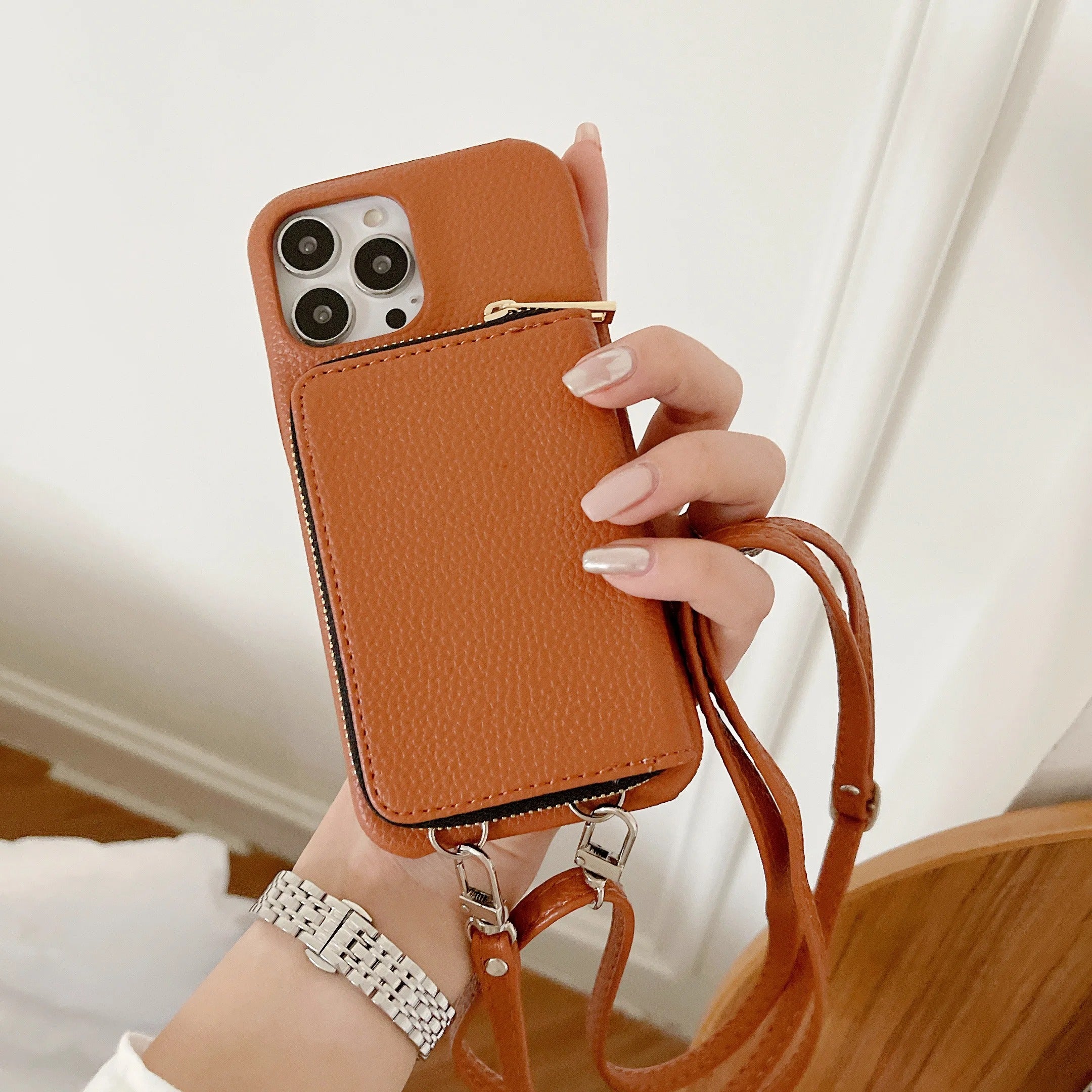 Luxury iPhone Crossbody Wallet Case with Zipper — PU Leather Cover, Card Slots, Adjustable Strap, Shockproof Full Body Protection, Anti-Fingerprint Finish