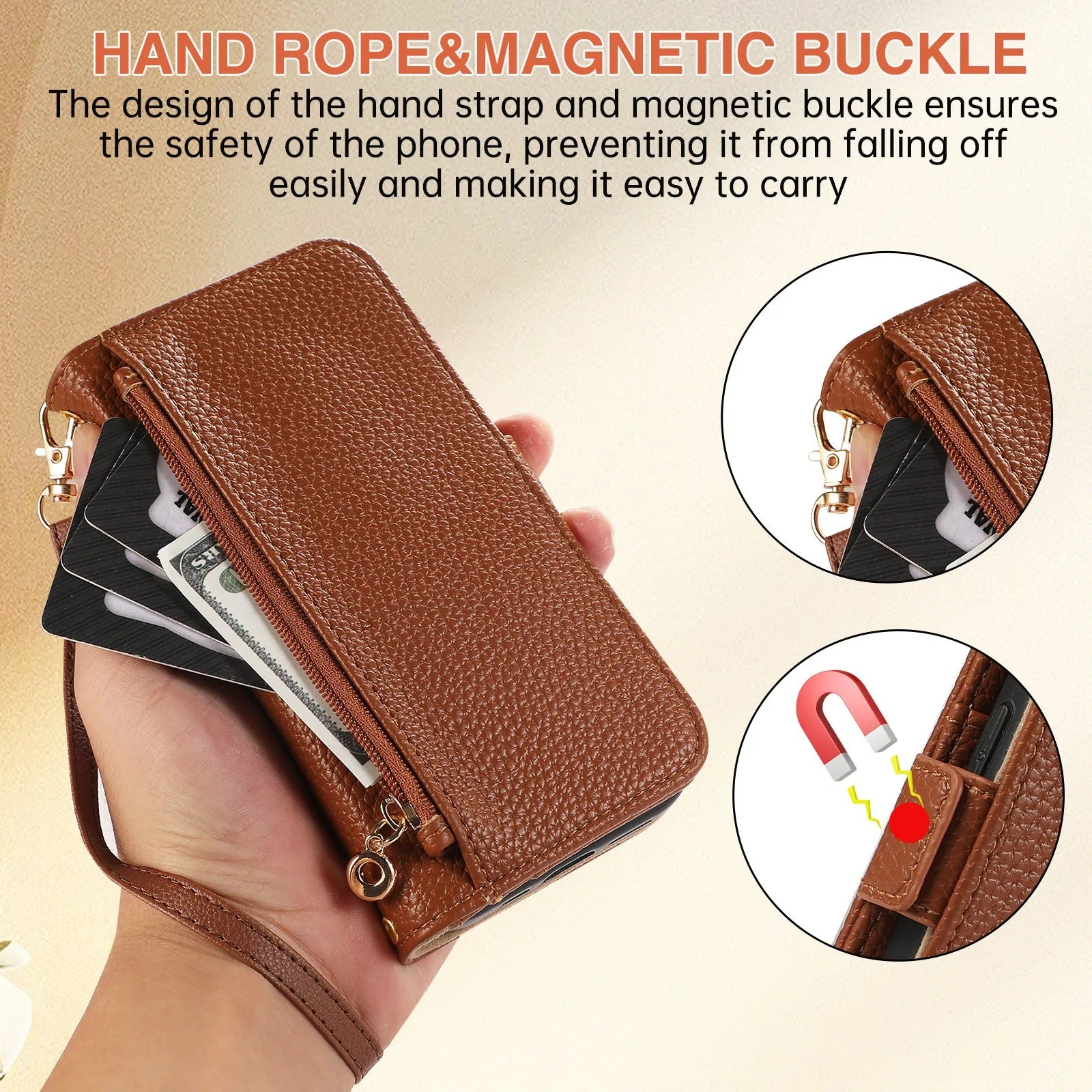 Luxury iPhone Crossbody Zipper Wallet Case — PU Leather Cover with Card Holder, Adjustable Strap, Shockproof Drop Protection, Anti-Fingerprint Scratch-Resistant Design