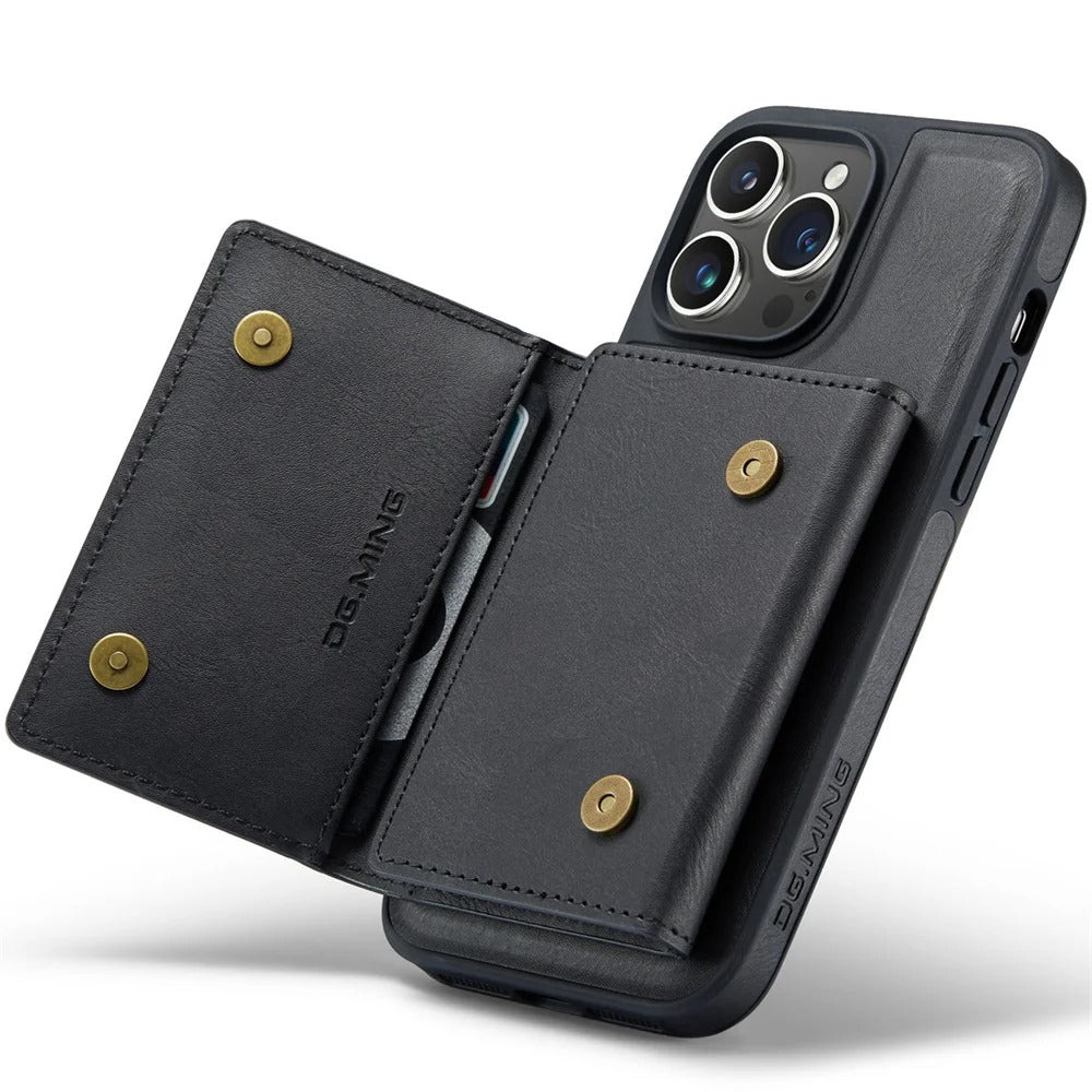 Luxury iPhone DG.Ming Magnetic Flip Leather Wallet Case — Zipper Card Holder Back Cover, Dual Layer Shockproof Design, Wireless Charging Compatible