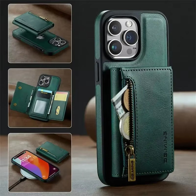 Luxury iPhone DG.Ming Magnetic Flip Leather Wallet Case — Zipper Card Holder Back Cover, Dual Layer Shockproof Design, Wireless Charging Compatible