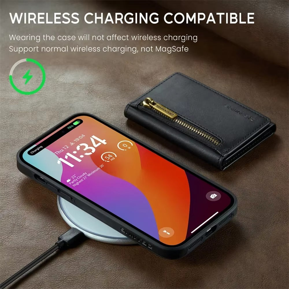 Luxury iPhone DG.Ming Magnetic Flip Leather Wallet Case — Zipper Card Holder Back Cover, Dual Layer Shockproof Design, Wireless Charging Compatible
