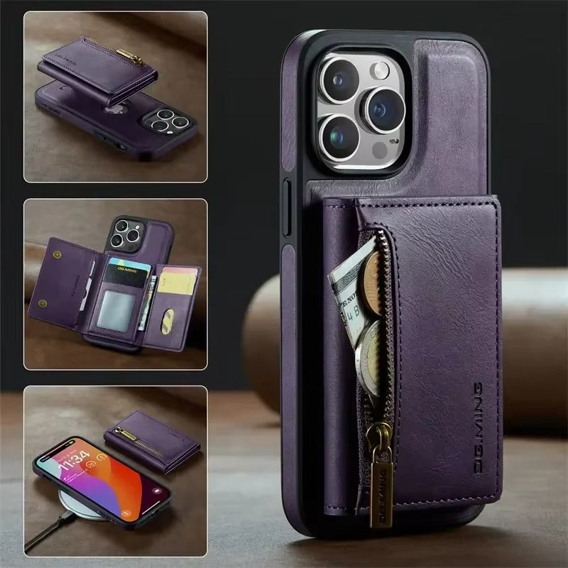 Luxury iPhone DG.Ming Magnetic Flip Leather Wallet Case — Zipper Card Holder Back Cover, Dual Layer Shockproof Design, Wireless Charging Compatible