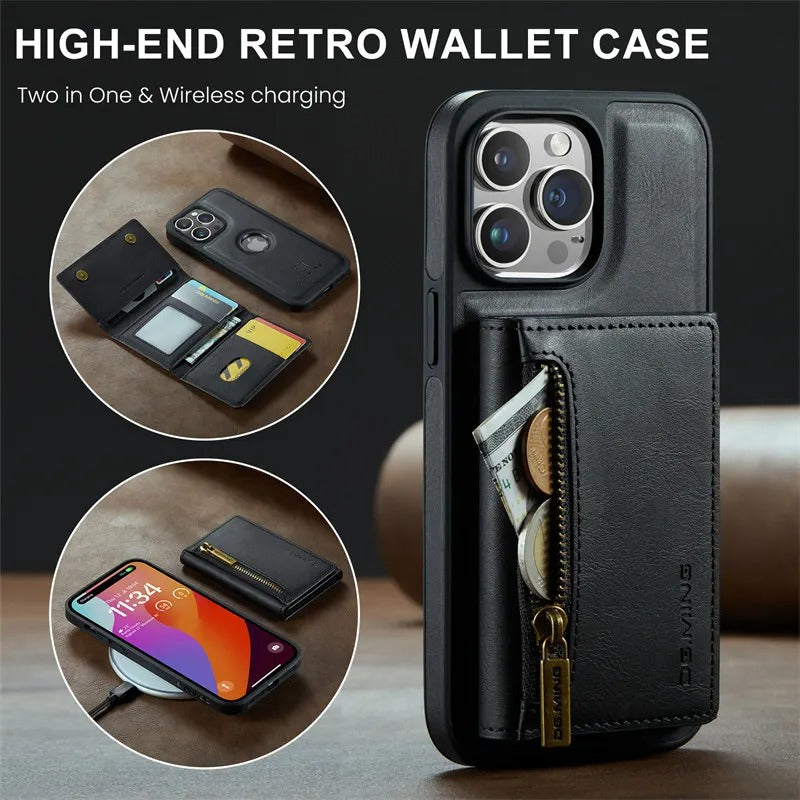 Luxury iPhone DG.Ming Magnetic Flip Leather Wallet Case — Zipper Card Holder Back Cover, Dual Layer Shockproof Design, Wireless Charging Compatible