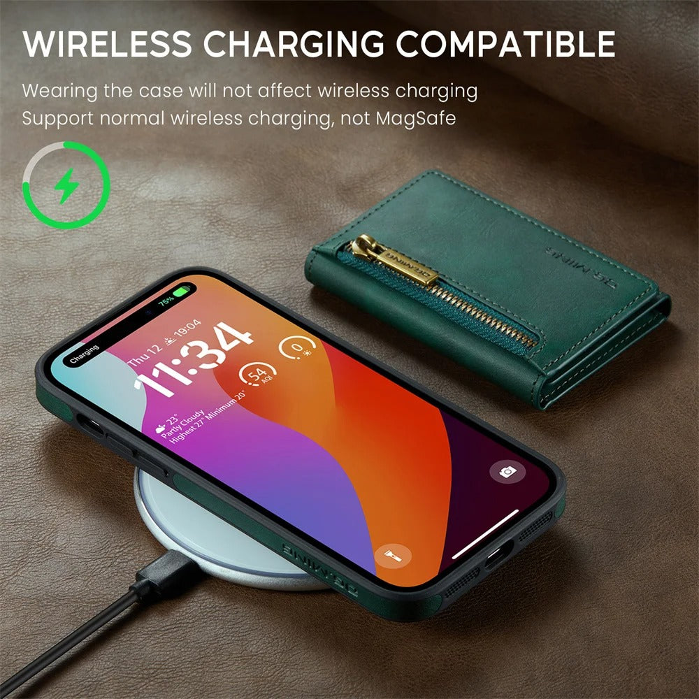 Luxury iPhone DG.Ming Magnetic Flip Leather Wallet Case — Zipper Card Holder Back Cover, Dual Layer Shockproof Design, Wireless Charging Compatible