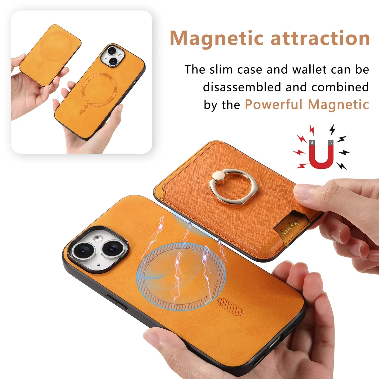 Luxury iPhone Detachable Magnetic Wallet Case — Leather Cover with Card Holder, Ring Stand Function, Shockproof Protection, Anti-Fingerprint Scratch-Resistant Design