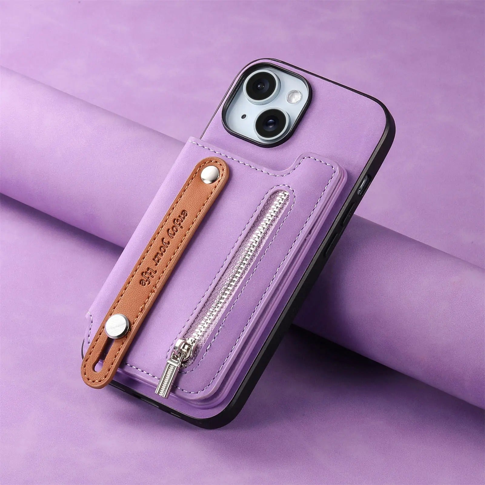 Luxury iPhone Detachable Zipper Wallet Case — Magnetic Flip Leather Cover with Card Slots, Wrist Strap, Kickstand Function, Full Body Shockproof Protection