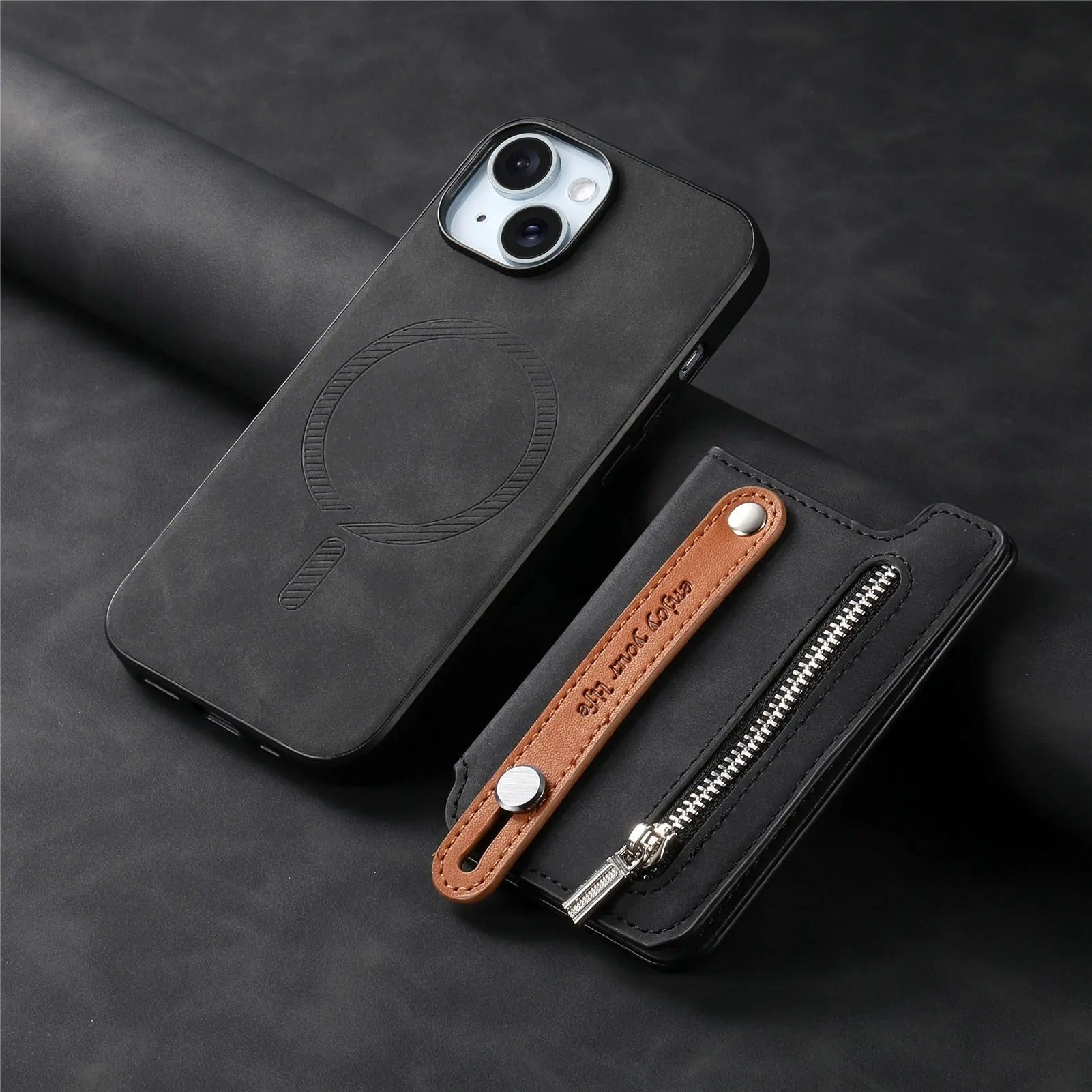 Luxury iPhone Detachable Zipper Wallet Case — Magnetic Flip Leather Cover with Card Slots, Wrist Strap, Kickstand Function, Full Body Shockproof Protection