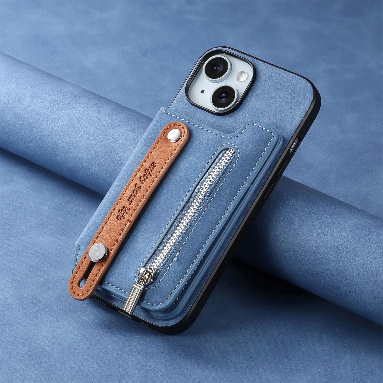 Luxury iPhone Detachable Zipper Wallet Case — Magnetic Flip Leather Cover with Card Slots, Wrist Strap, Kickstand Function, Full Body Shockproof Protection