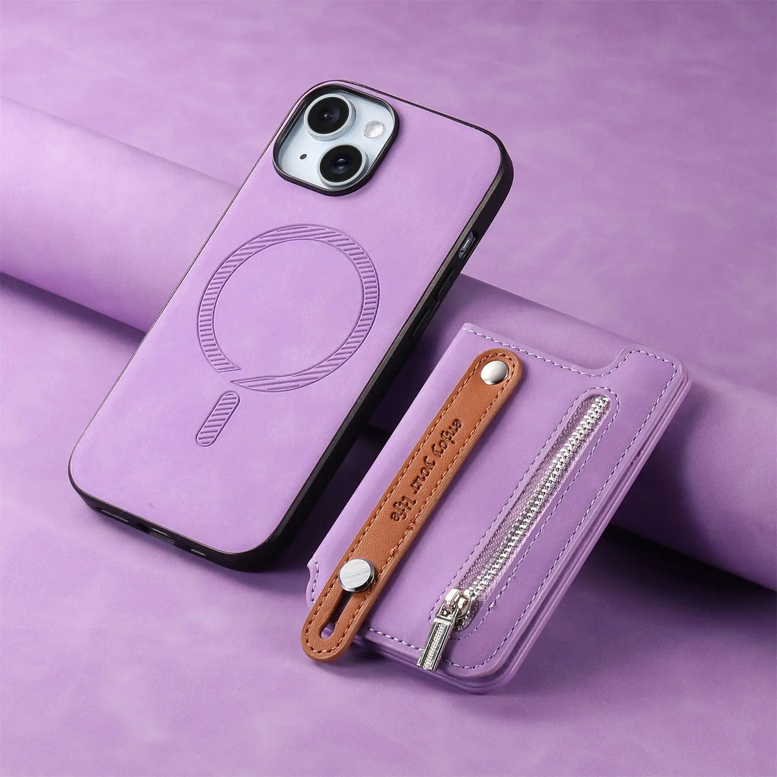 Luxury iPhone Detachable Zipper Wallet Case — Magnetic Flip Leather Cover with Card Slots, Wrist Strap, Kickstand Function, Full Body Shockproof Protection