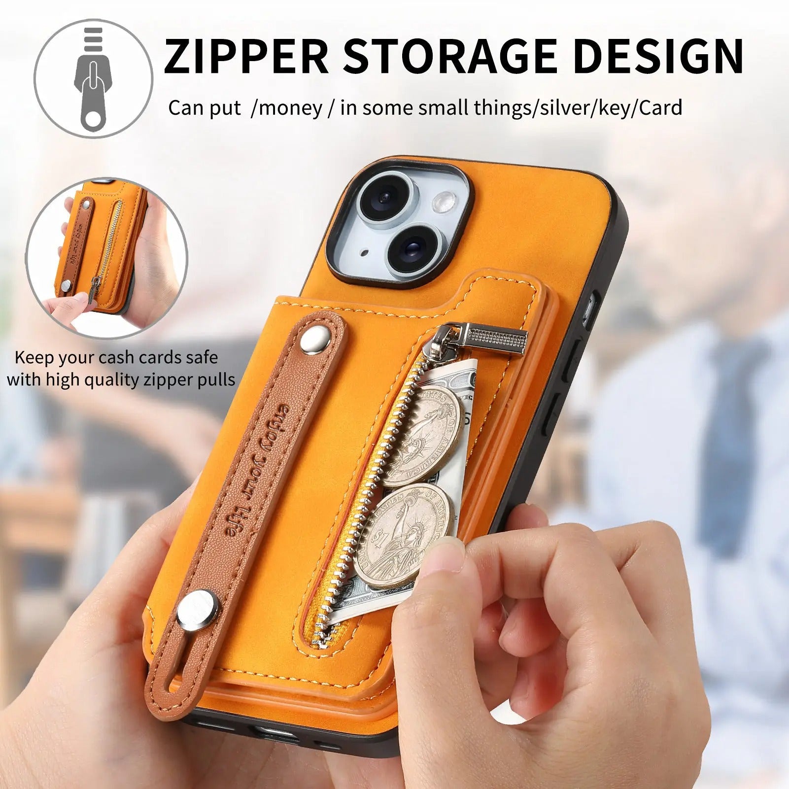 Luxury iPhone Detachable Zipper Wallet Case — Magnetic Flip Leather Cover with Card Slots, Wrist Strap, Kickstand Function, Full Body Shockproof Protection