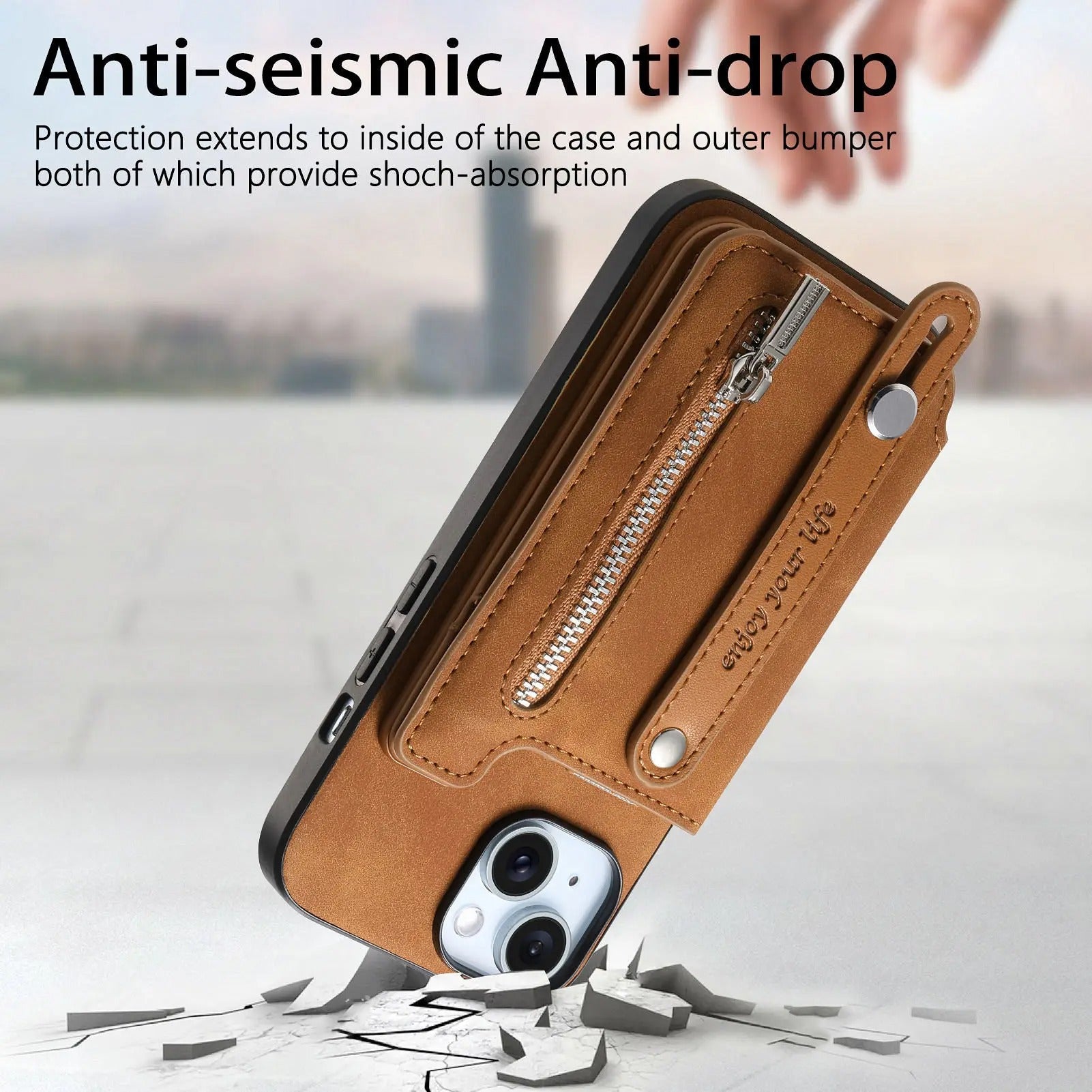 Luxury iPhone Detachable Zipper Wallet Case — Magnetic Flip Leather Cover with Card Slots, Wrist Strap, Kickstand Function, Full Body Shockproof Protection