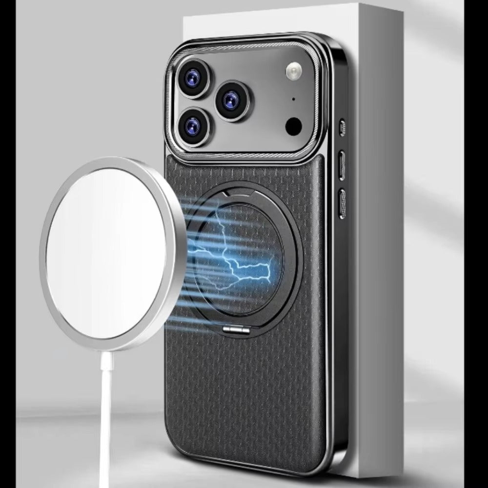 Luxury iPhone Diamond Pattern Leather Case — MagSafe Magnetic Charging, Rotating Bracket Holder, Full Coverage Shockproof Anti-Fingerprint Protection