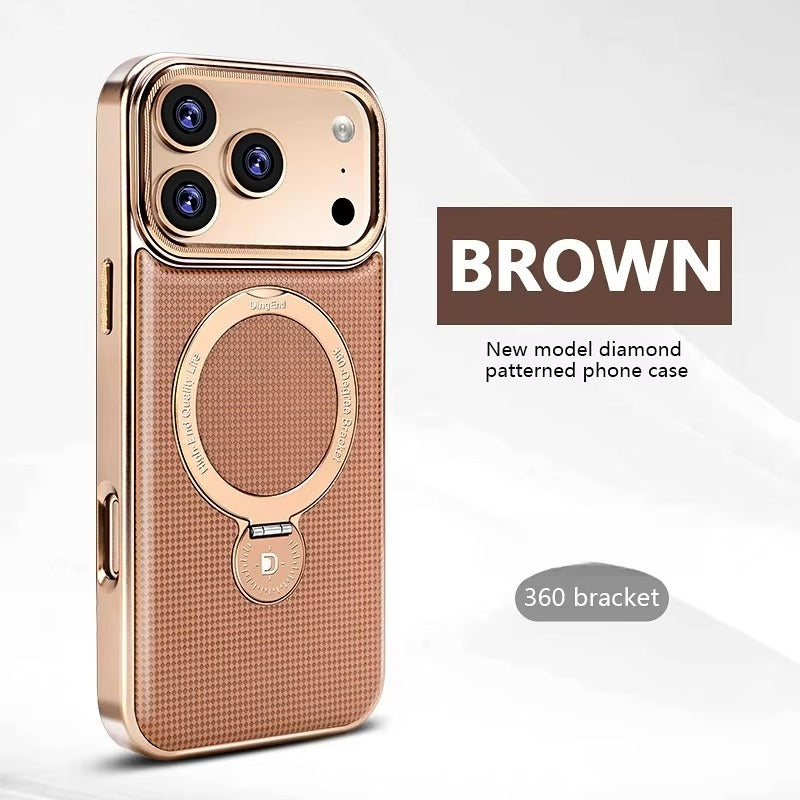 Luxury iPhone Diamond Pattern Leather Case — MagSafe Magnetic Charging, Rotating Bracket Holder, Full Coverage Shockproof Anti-Fingerprint Protection