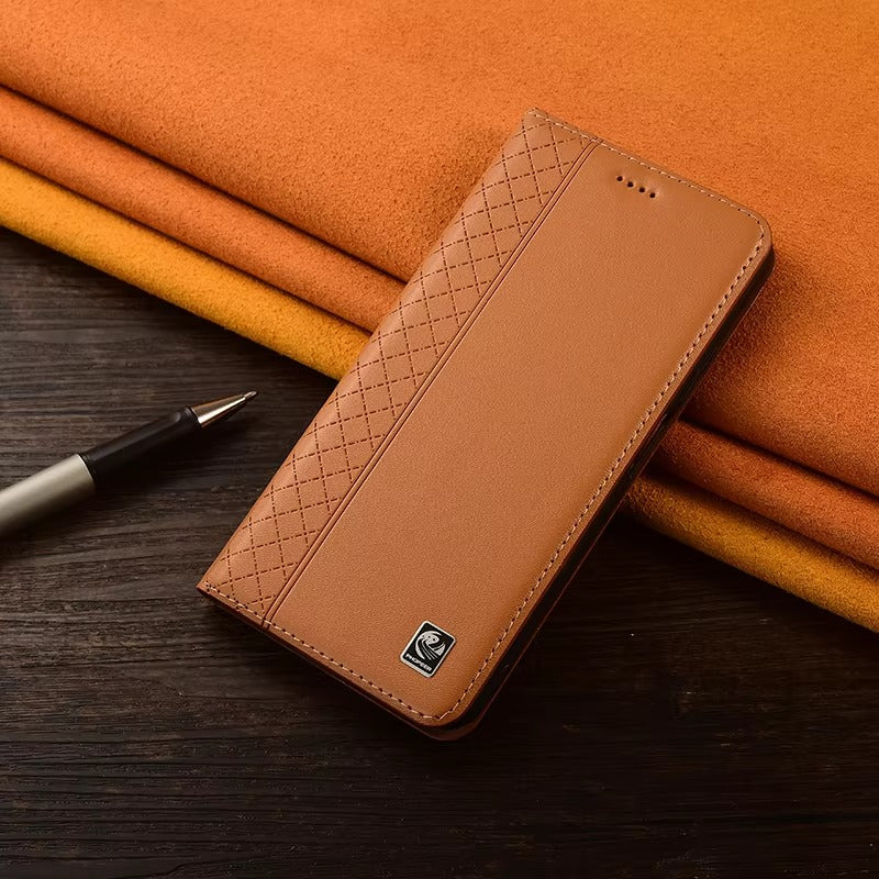 Luxury iPhone Flip Case Genuine Leather Cover — Magnetic Closure, Card Slot Holder, Business Style Design with Kickstand, Full Body Shockproof Protection