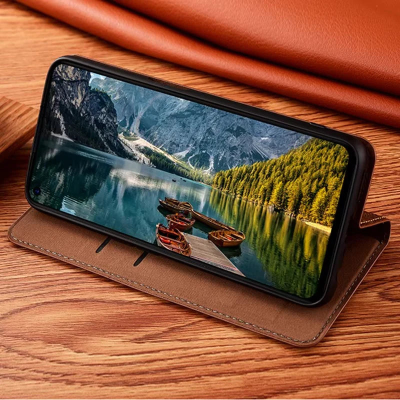 Luxury iPhone Flip Case Genuine Leather Cover — Magnetic Closure, Card Slot Holder, Business Style Design with Kickstand, Full Body Shockproof Protection