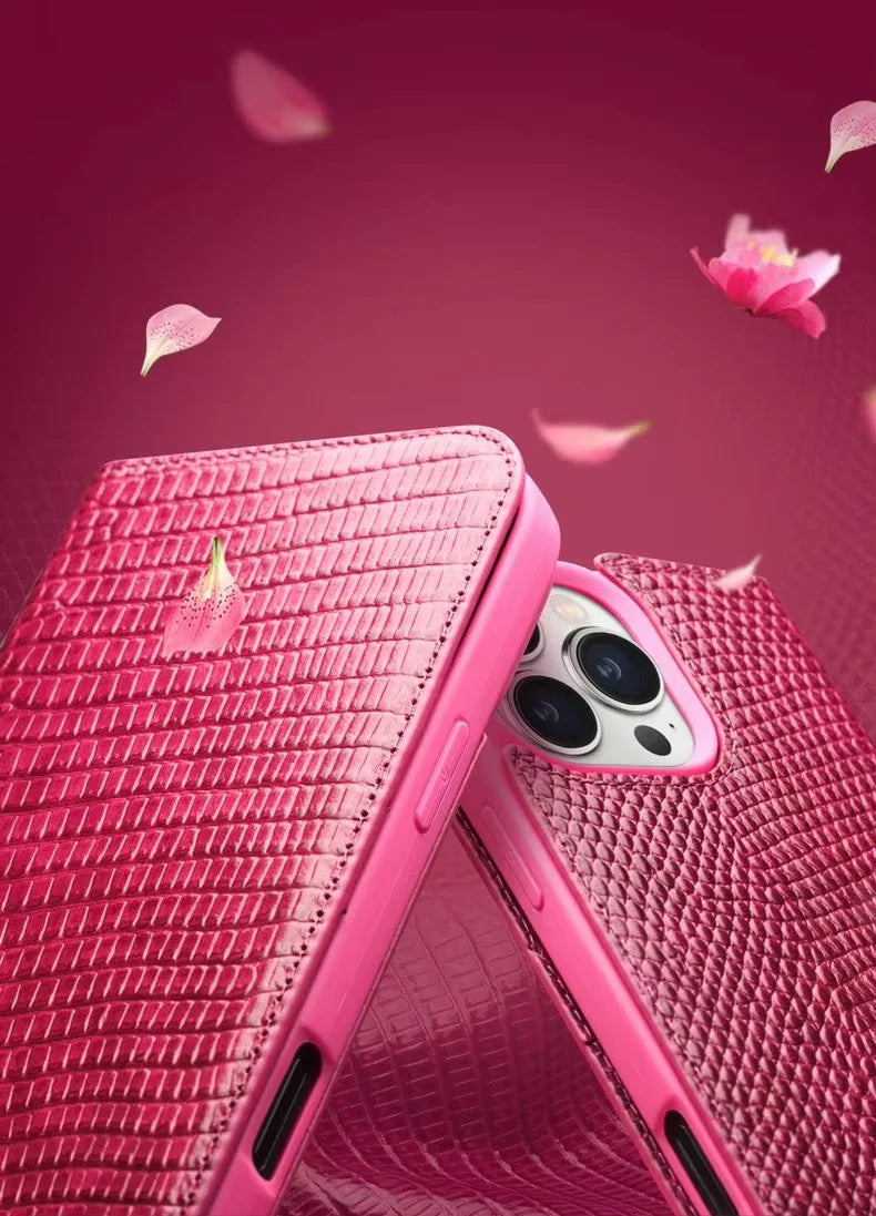 Luxury iPhone Flip Wallet Case Genuine Lizard Leather — Magnetic Closure, Kickstand Holder, Dustproof Non-Slip Design, Premium Full Body Protection