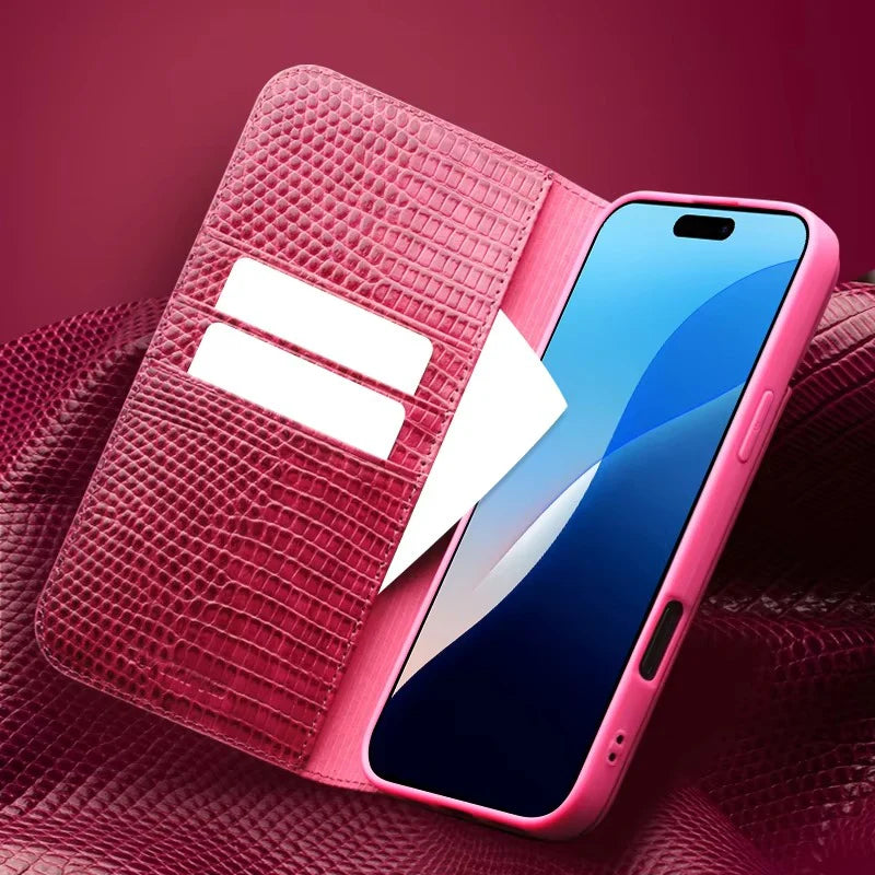 Luxury iPhone Flip Wallet Case Genuine Lizard Leather — Magnetic Closure, Kickstand Holder, Dustproof Non-Slip Design, Premium Full Body Protection