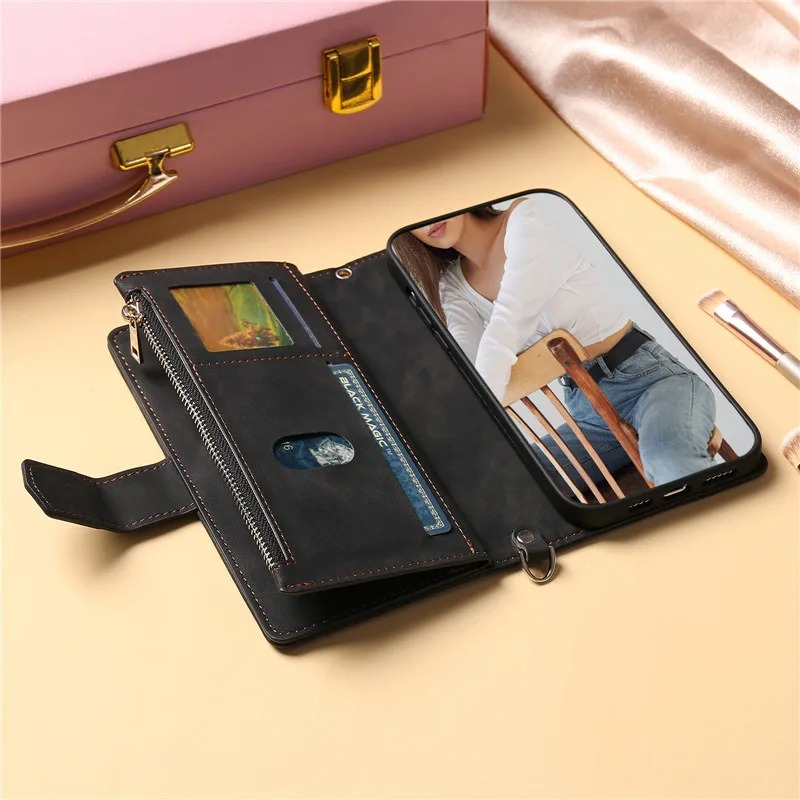 Luxury iPhone Crossbody Zipper Wallet Case — PU Leather Cover with Card Holder, Wrist Strap and Lanyard, Kickstand Function, Shockproof Anti-Fingerprint Design