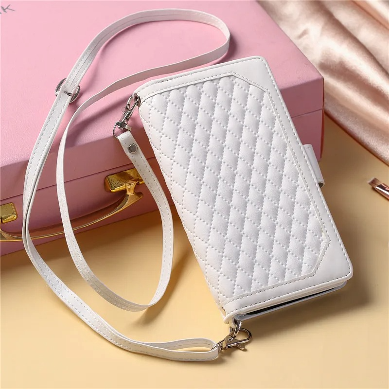 Luxury iPhone Crossbody Zipper Wallet Case — PU Leather Cover with Card Holder, Wrist Strap and Lanyard, Kickstand Function, Shockproof Anti-Fingerprint Design