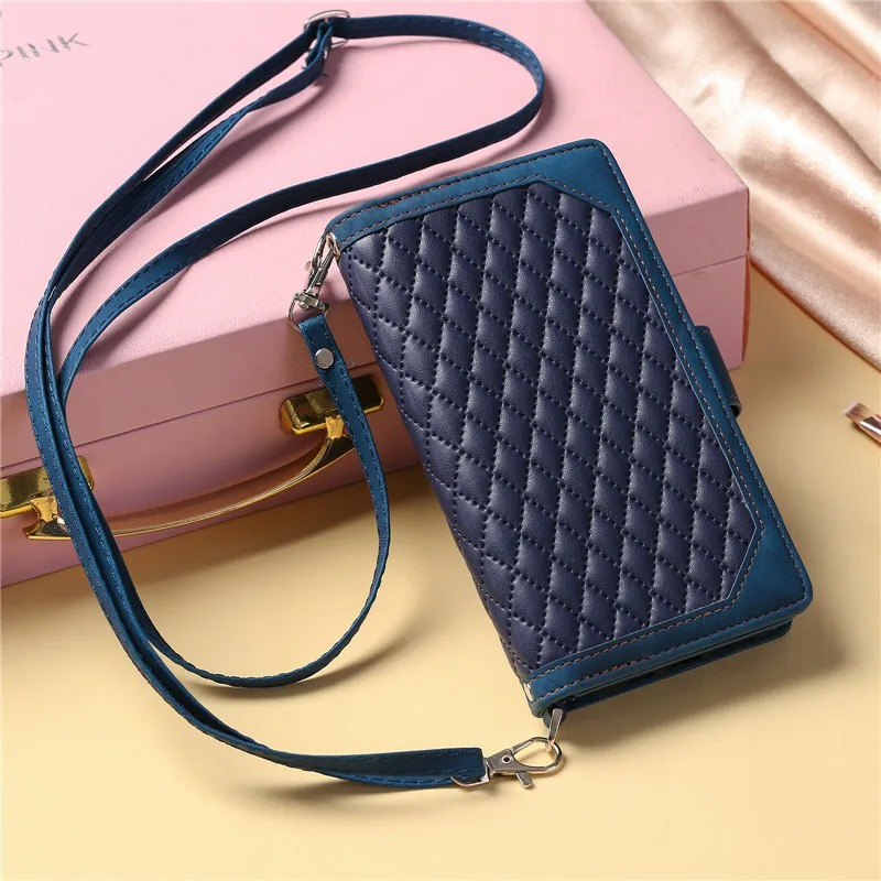 Luxury iPhone Crossbody Zipper Wallet Case — PU Leather Cover with Card Holder, Wrist Strap and Lanyard, Kickstand Function, Shockproof Anti-Fingerprint Design