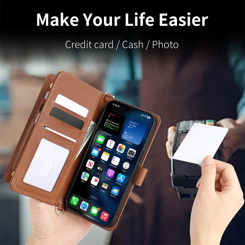 Luxury iPhone Flip Wallet Case — Leather Cover with Card Holder, Shockproof Protective Design, Stylish Full Body Phone Case with Added Functionality