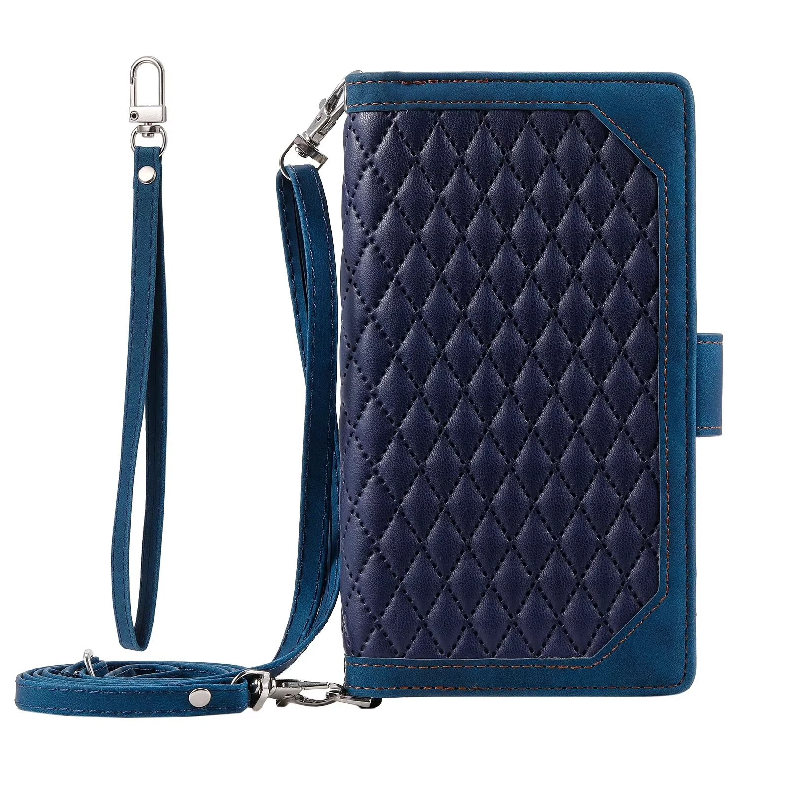 Luxury iPhone Crossbody Zipper Wallet Case — PU Leather Cover with Card Holder, Wrist Strap and Lanyard, Kickstand Function, Shockproof Anti-Fingerprint Design