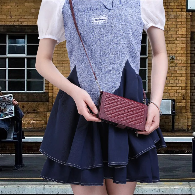 Luxury iPhone Crossbody Zipper Wallet Case — PU Leather Cover with Card Holder, Wrist Strap and Lanyard, Kickstand Function, Shockproof Anti-Fingerprint Design