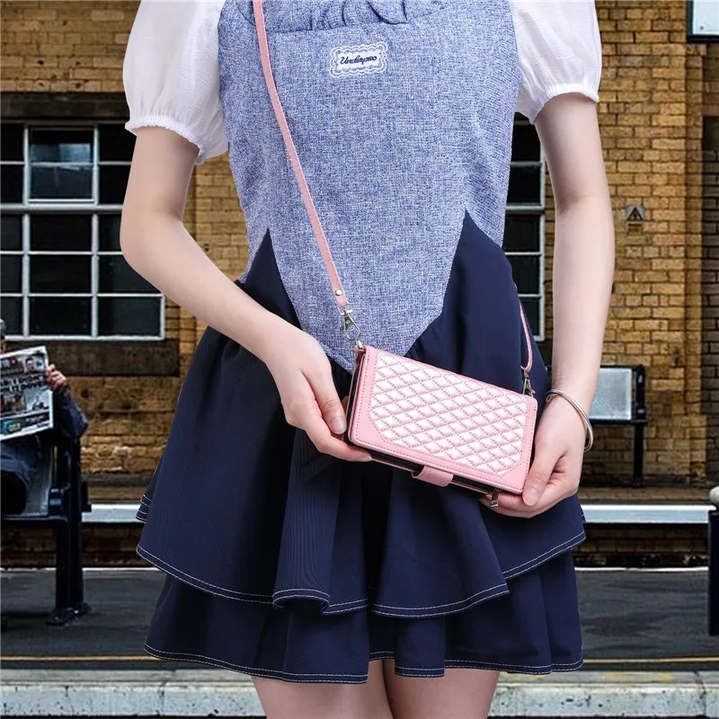 Luxury iPhone Crossbody Zipper Wallet Case — PU Leather Cover with Card Holder, Wrist Strap and Lanyard, Kickstand Function, Shockproof Anti-Fingerprint Design