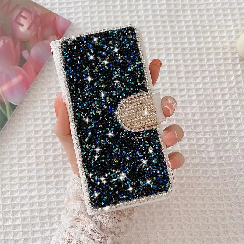 Luxury iPhone Glitter Wallet Flip Case — PU Leather Cover with Sparkling Design, Card Storage Compartment, Full Body Protection, Stylish and Durable